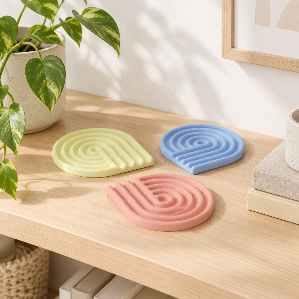 Pastel yellow, blue and coral looped coasters styled as a trio on a light wooden shelf