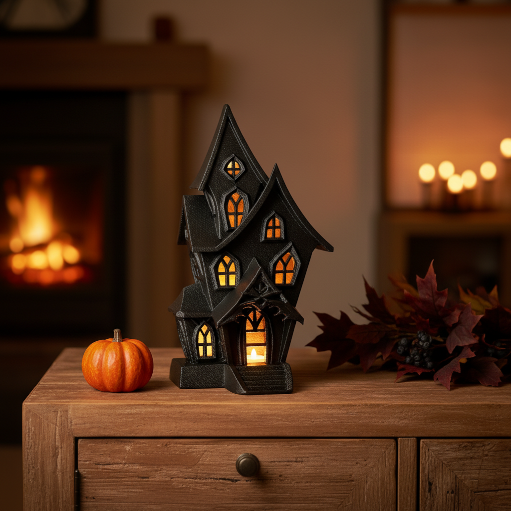 Haunted house tealight holder glowing on a seasonal sideboard