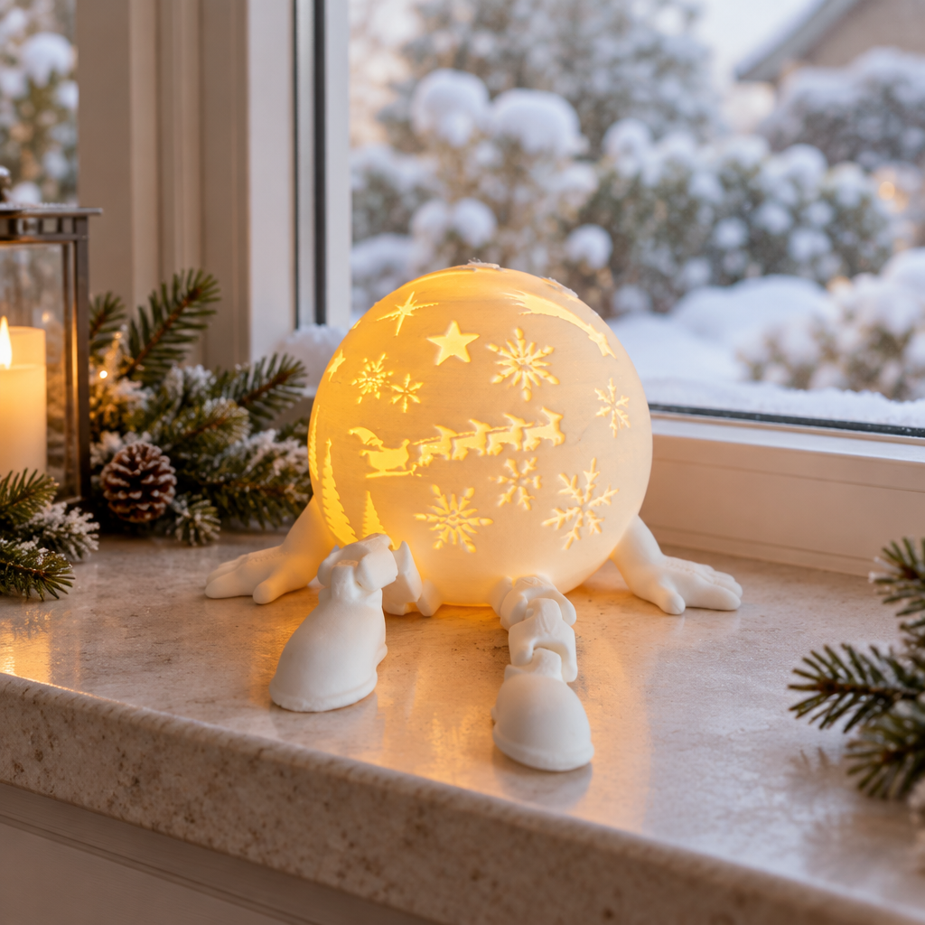 White star and snowflake globe tealight holder styled on a bright winter windowsill