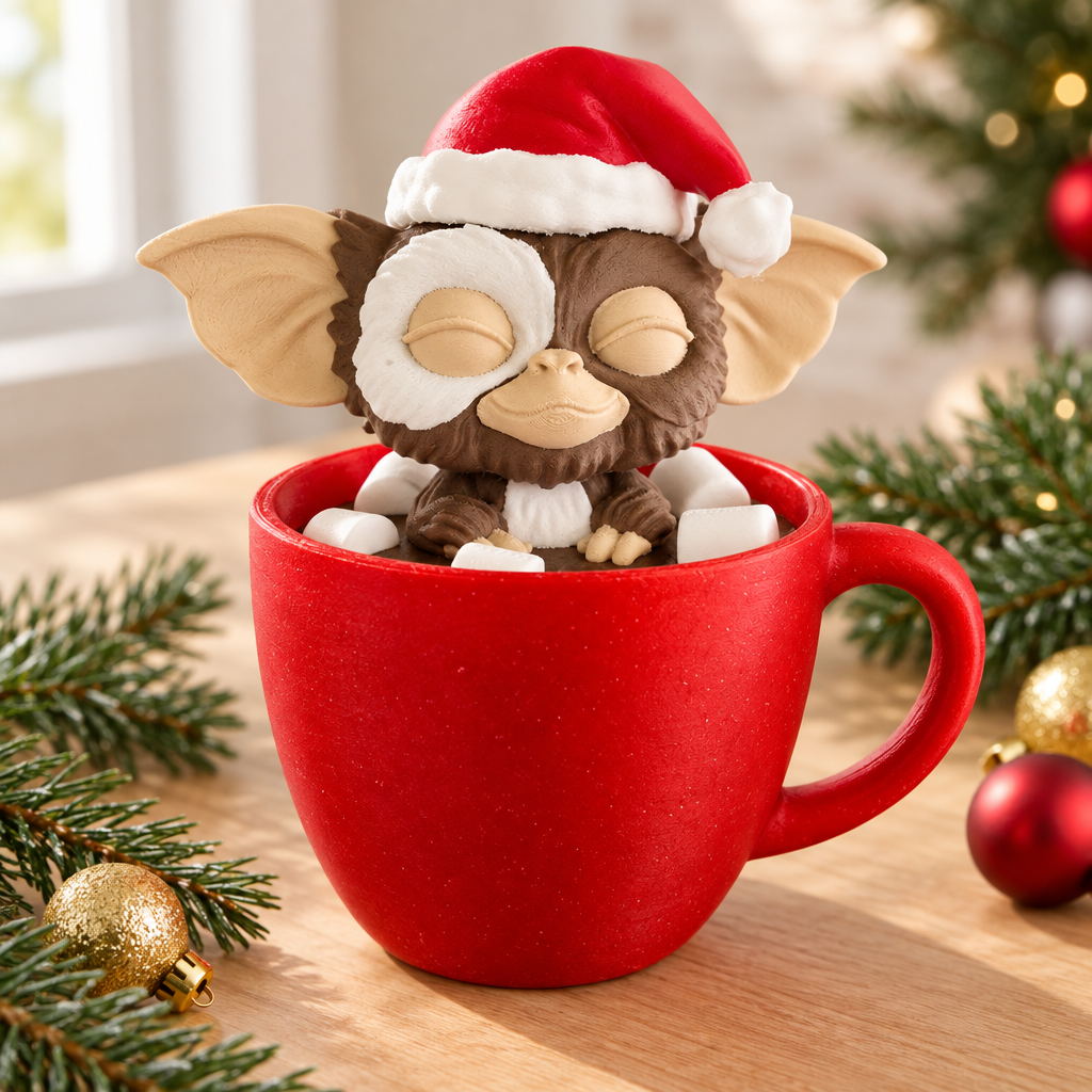 Gizmo in a Santa hat and red mug styled with greenery and baubles on an oak table