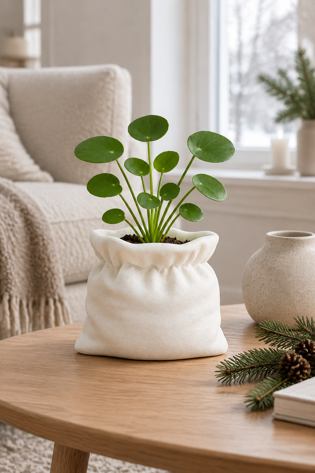 White sack planter with a green plant on a living-room coffee table