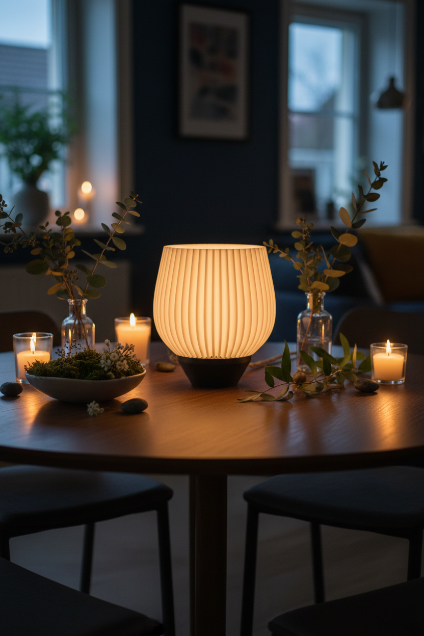Tapered Ribbed E27 Lamp as dining table centrepiece with botanicals