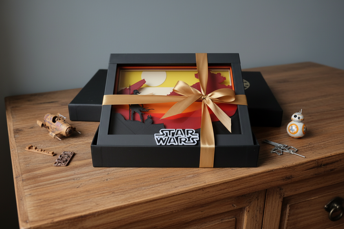 Star Wars Jakku Shadow Box presented as a gift in a sleek black box with gold ribbon on a warm wooden surface