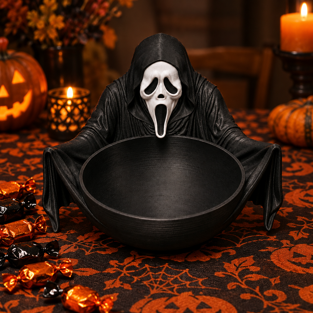 Black Ghostface-inspired sweet tray on a Halloween table with pumpkins and wrapped sweets