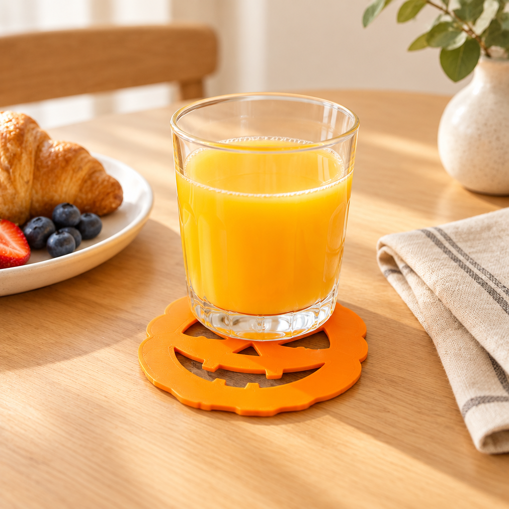 Orange pumpkin face coaster holding a glass of juice on a breakfast table
