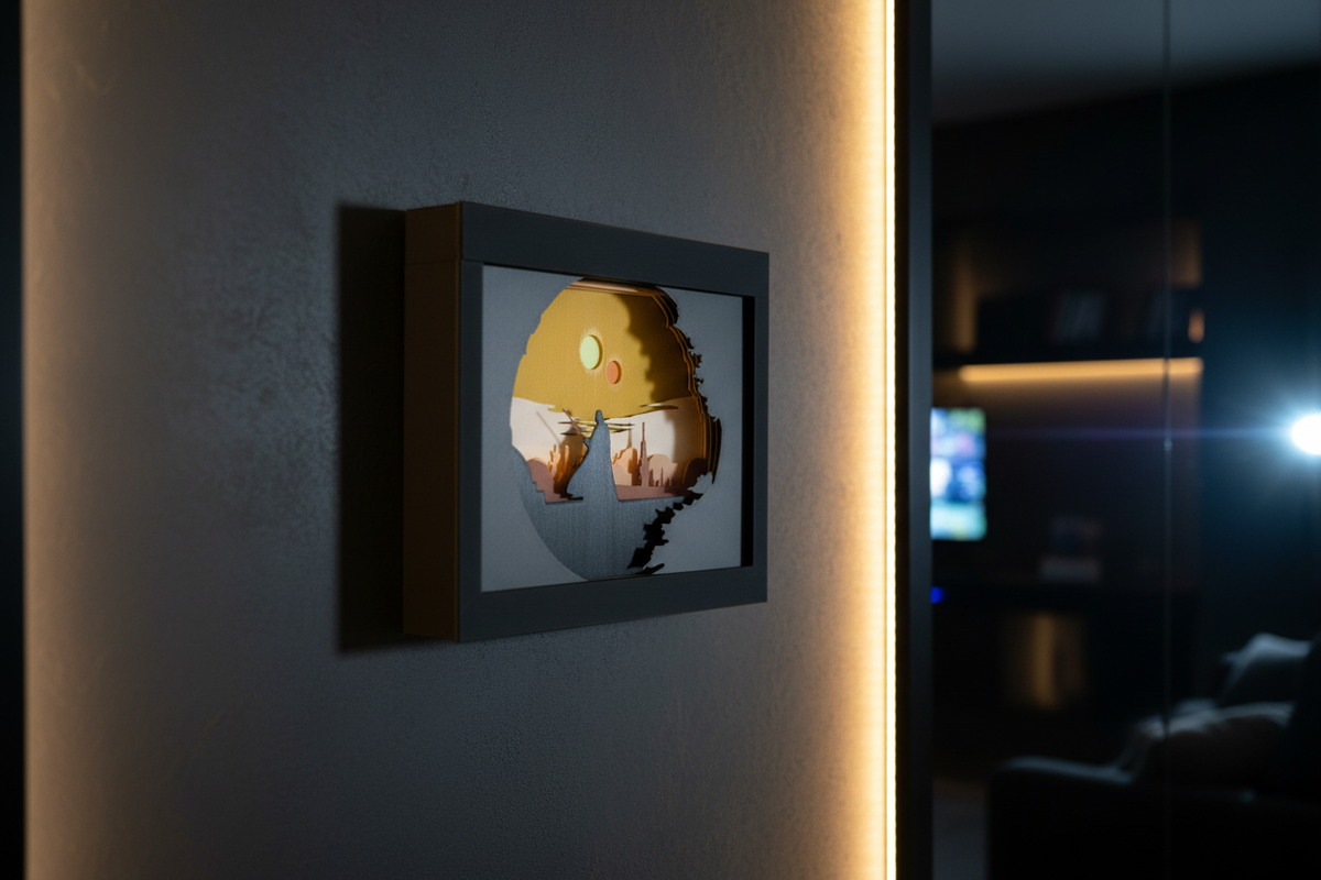 Darth Vader Homecoming shadow box hung on a charcoal wall in a home cinema gaming room