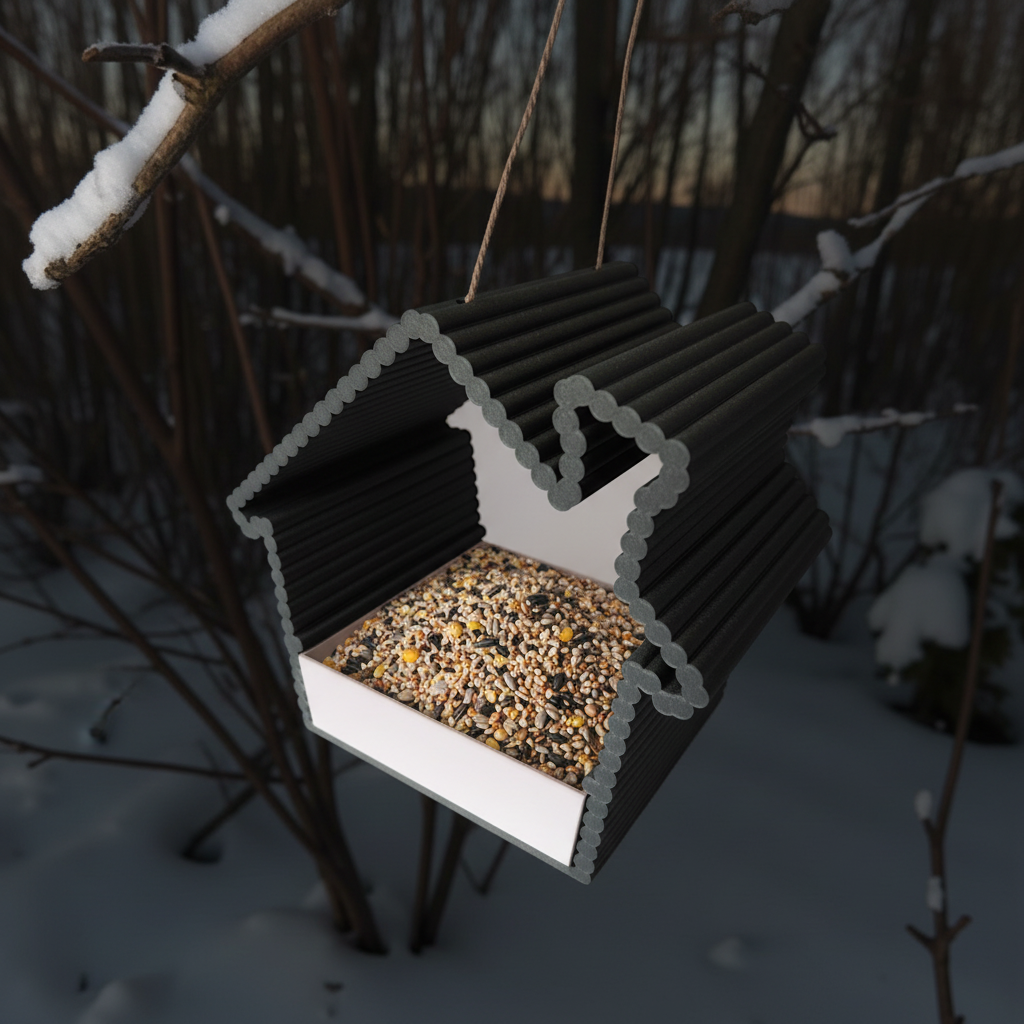Close-up of ribbed bird feeder with removable drawer open showing birdseed