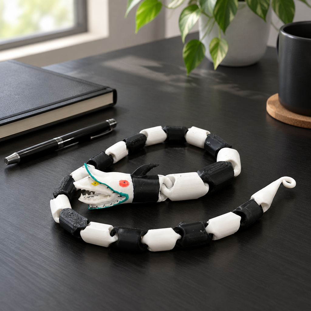 Black and white snake fidget toy on a minimalist home office desk