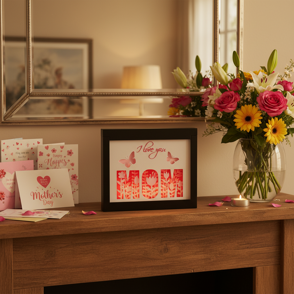 Mother's Day Shadow Box displayed on a wooden mantelpiece with Mother's Day cards and flowers