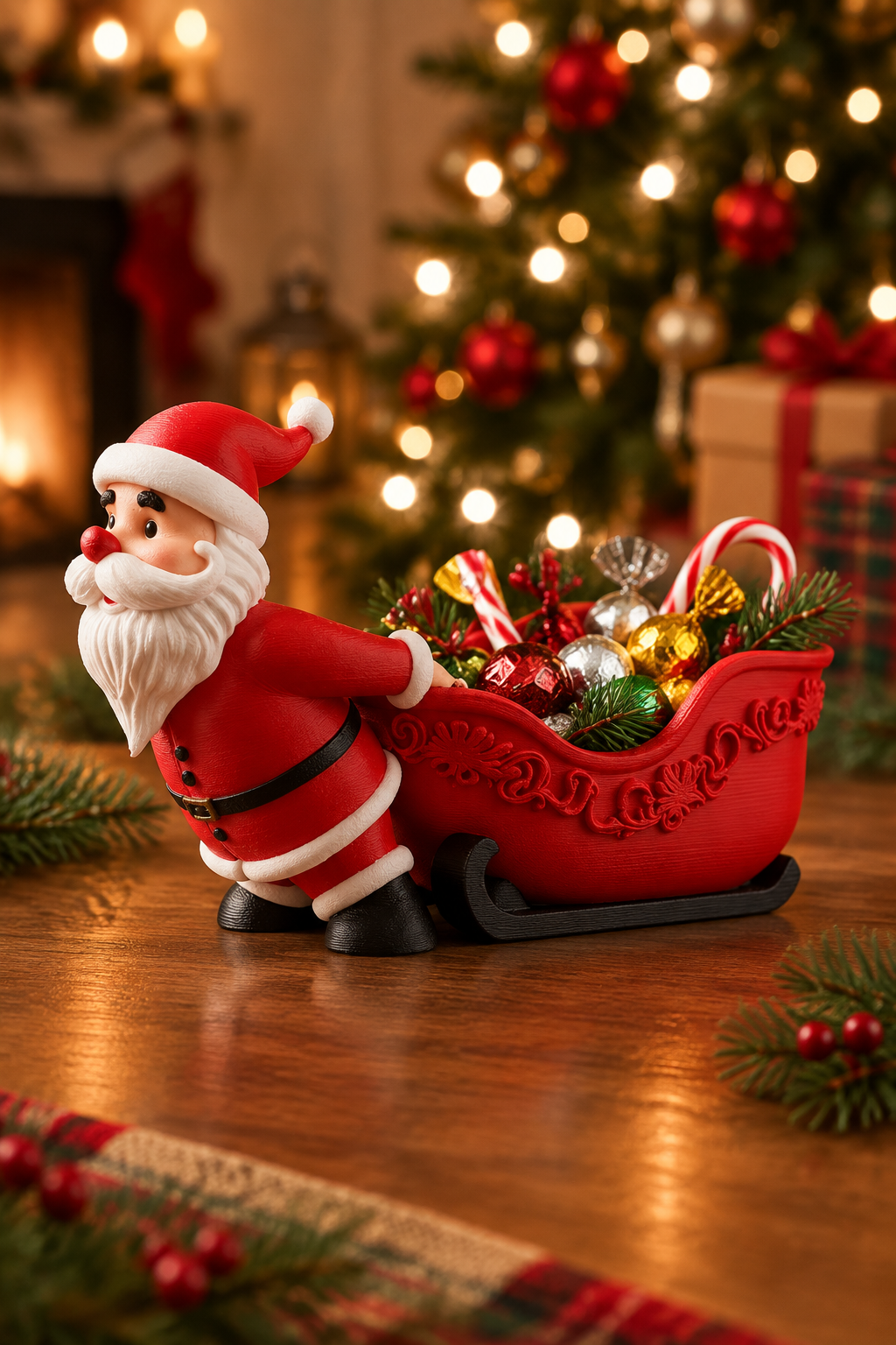 Santa and red sleigh sweet bowl with wrapped sweets in a cosy Christmas living room