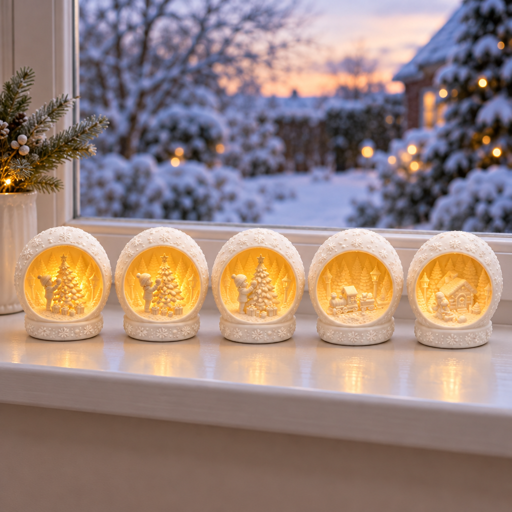 Five white snowflake tealight scene holders glowing on a windowsill at winter dusk.