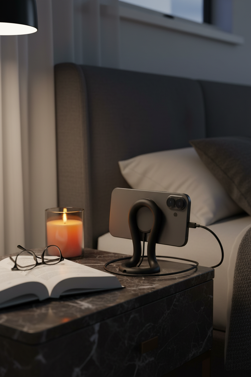 Black loop stand on marble nightstand at dusk - lifestyle