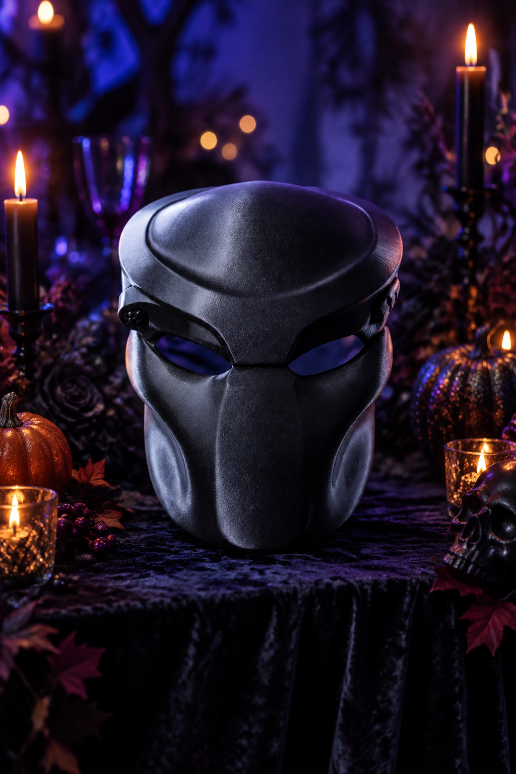 Black Predator Mask displayed on a moody Halloween party table