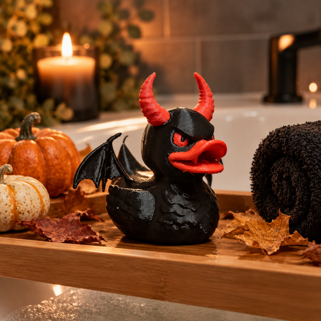 Devil bath duck styled with subtle pumpkins and autumn bathroom decor