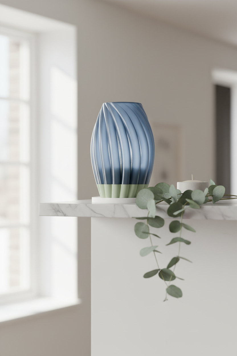 Twist Bloom Lamp deep blue with white base diagonal twist-blade spiral fins white marble shelf eucalyptus candle bright Scandinavian interior