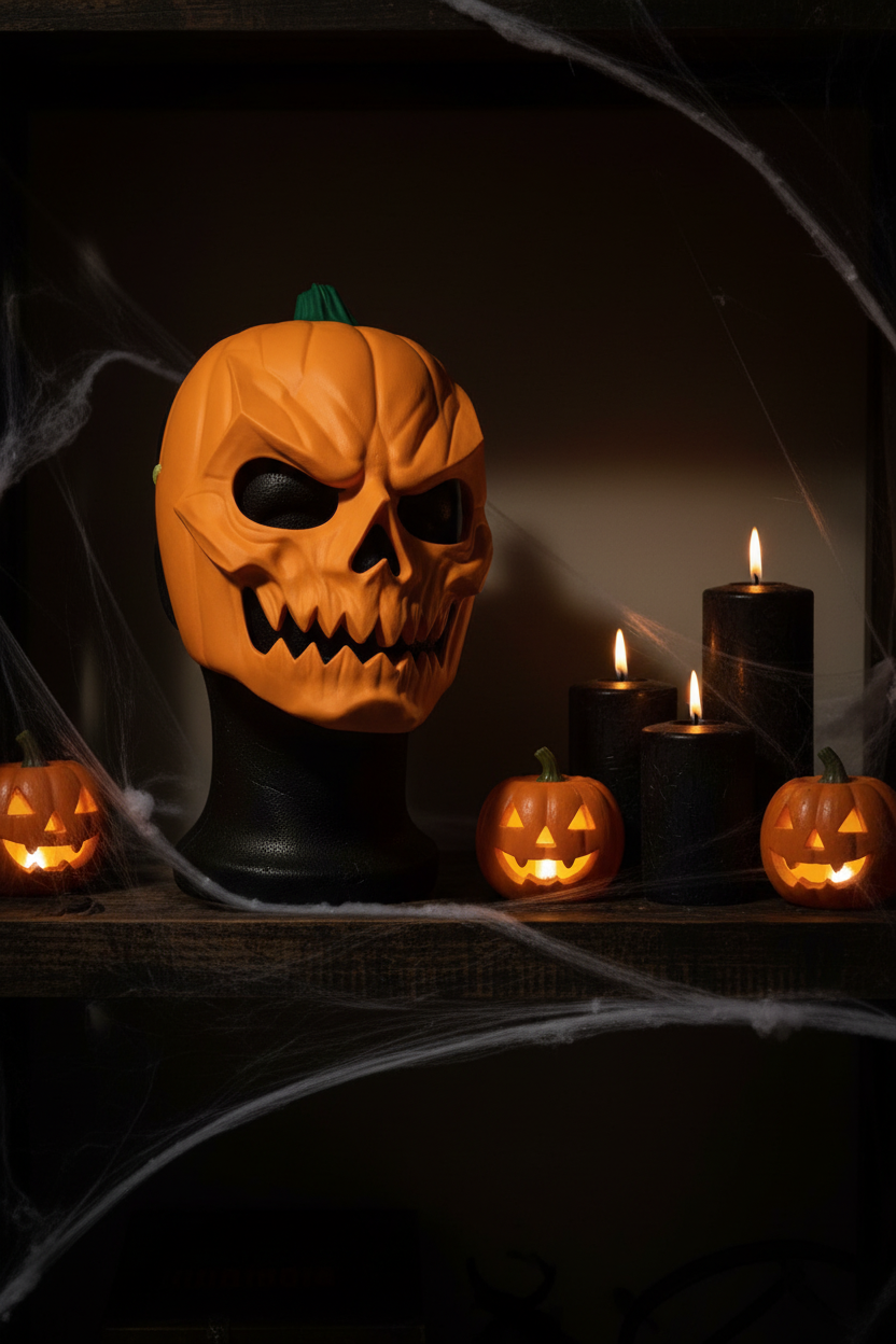 Pumpkin skull Halloween mask orange green stem carved ribbing hollow eyes jagged jaw black foam mannequin head dark wooden shelf black candles carved pumpkins spider webs dramatic Halloween candlelight interior portrait