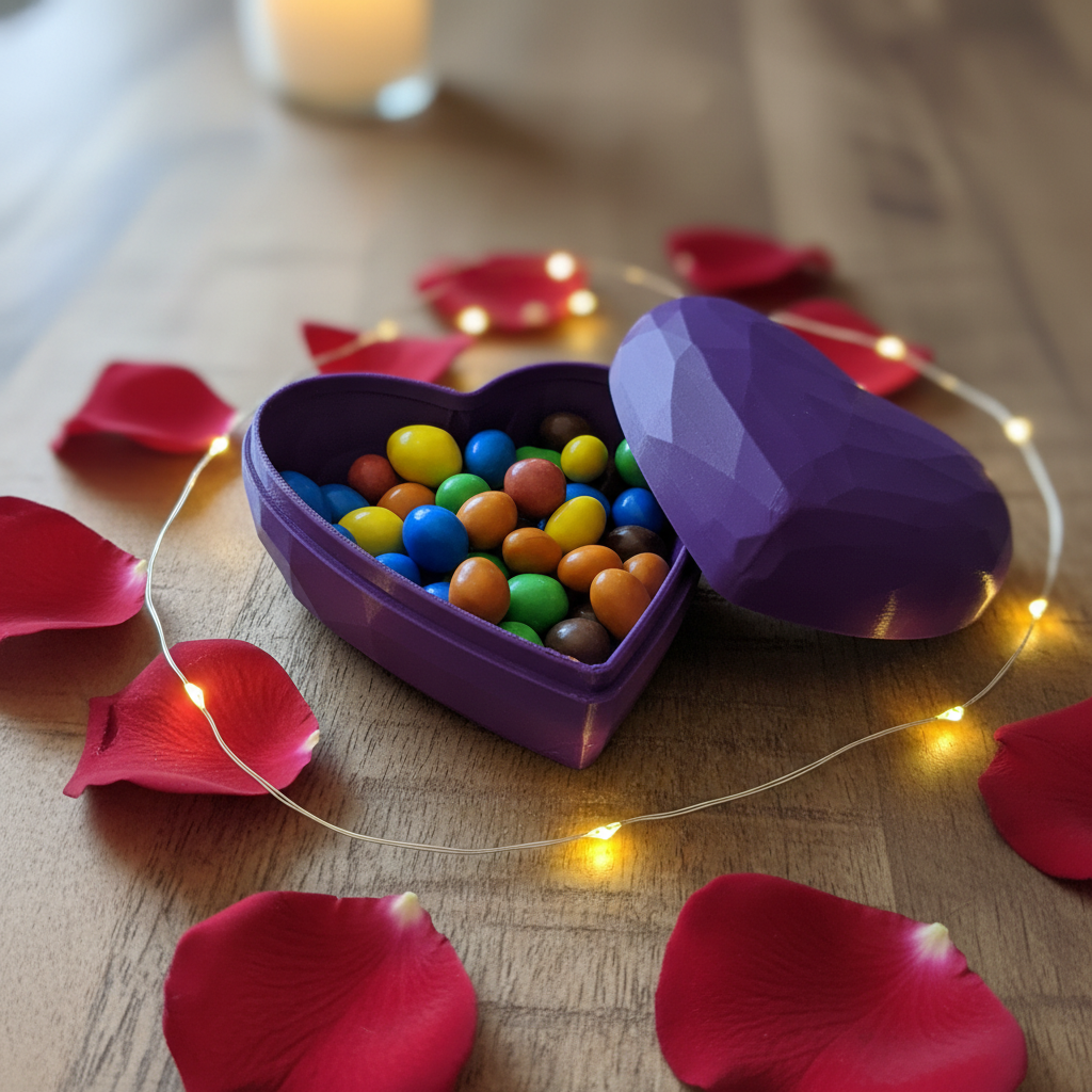 Heart-Shaped Low-Polygon Gift Box in purple — open with sweets on romantic table with rose petals and fairy lights