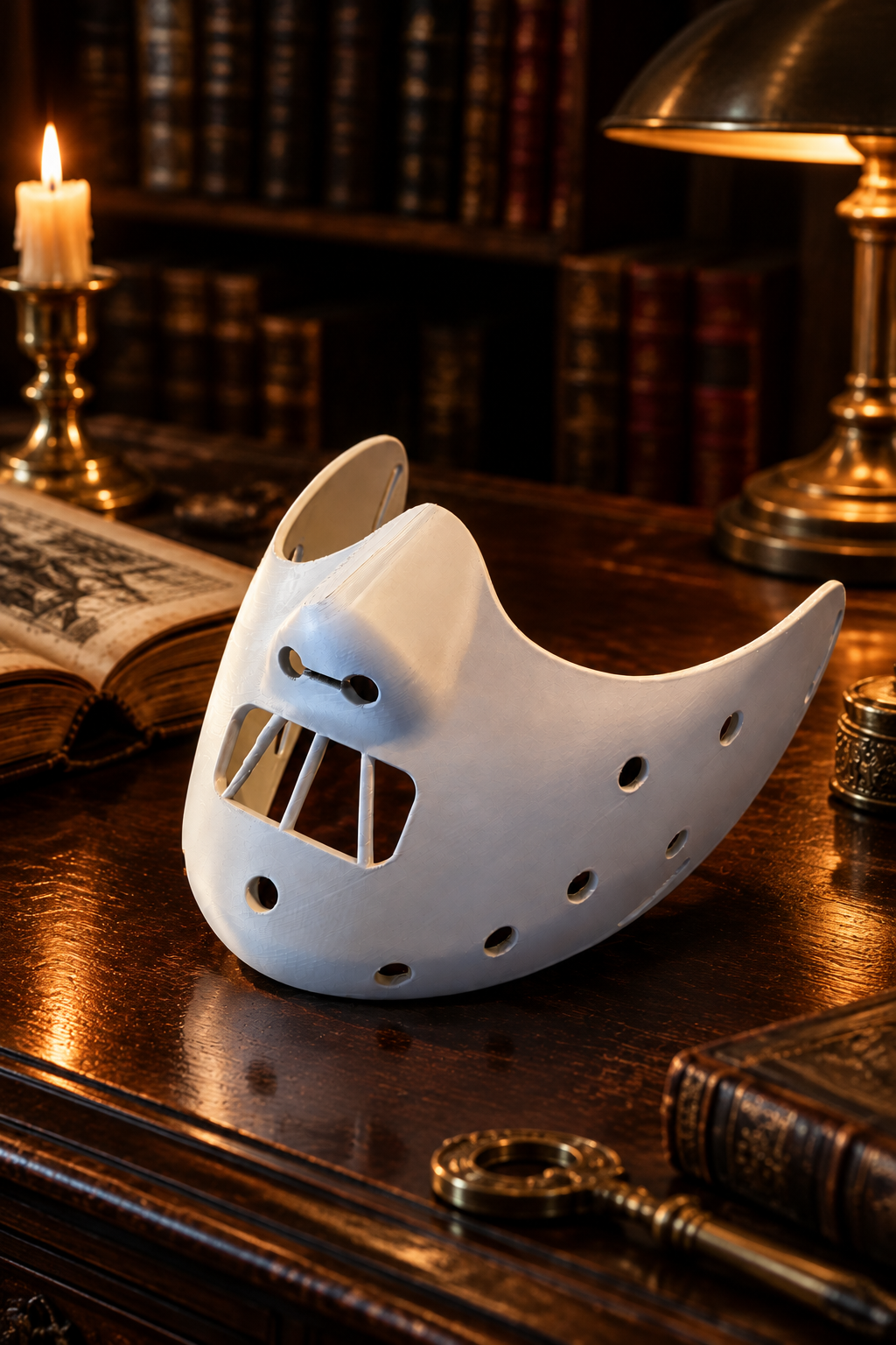 White Hannibal Lecter-style mask displayed on an antique library desk beside an open book