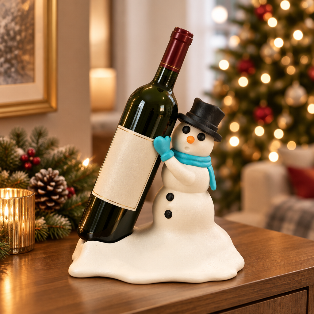 Snowman bottle holder with a plain bottle displayed on a festive living-room console