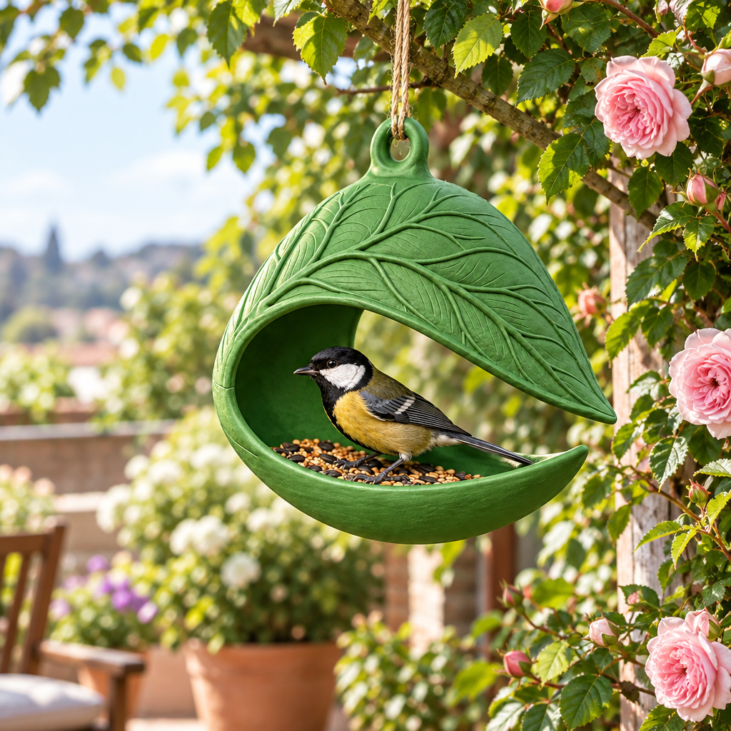 Green Leaf Nest bird feeder beside climbing roses