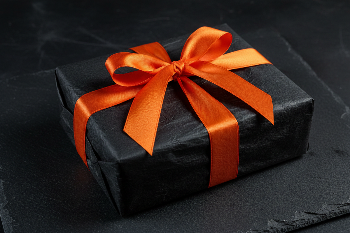 Skull shadow box presented as a gift with black tissue paper and orange ribbon bow