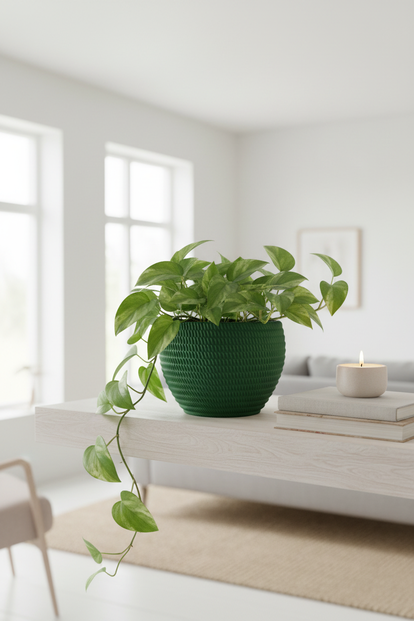 Forest green geometric planter with pothos on oak shelf - lifestyle
