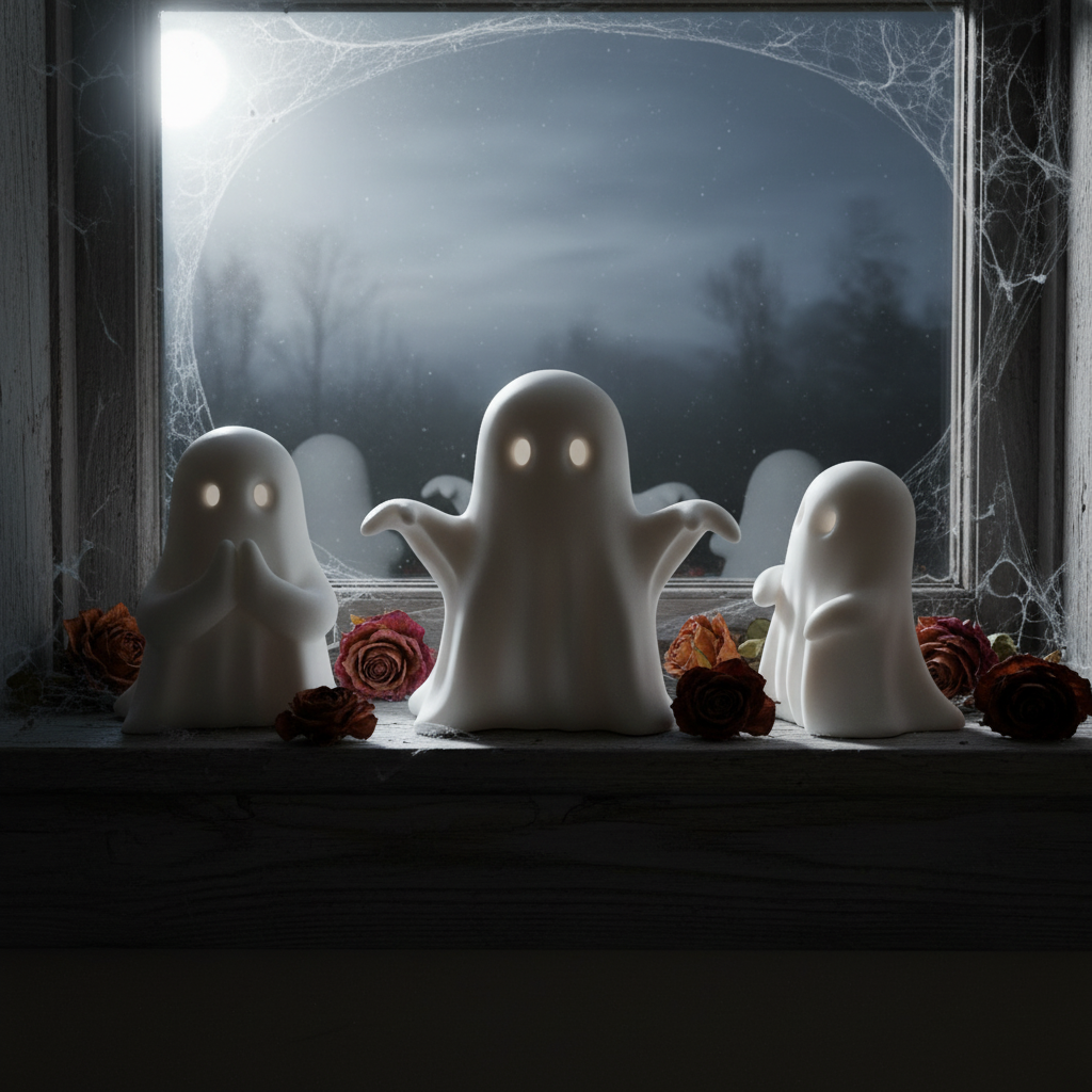 Ghost figurines on windowsill at dusk with moonlight and cobwebs