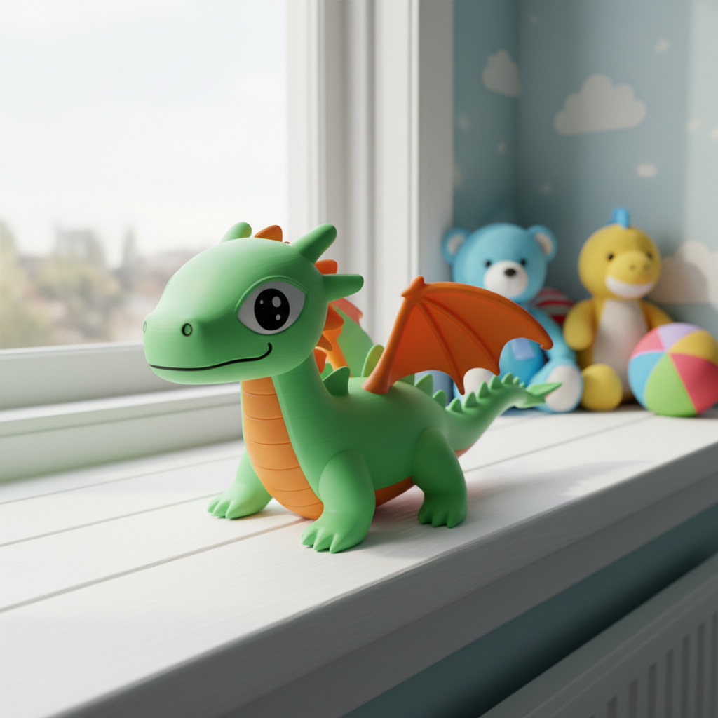 Little Charmkeeper Dragon Figurine - green colourway on child's bedroom windowsill