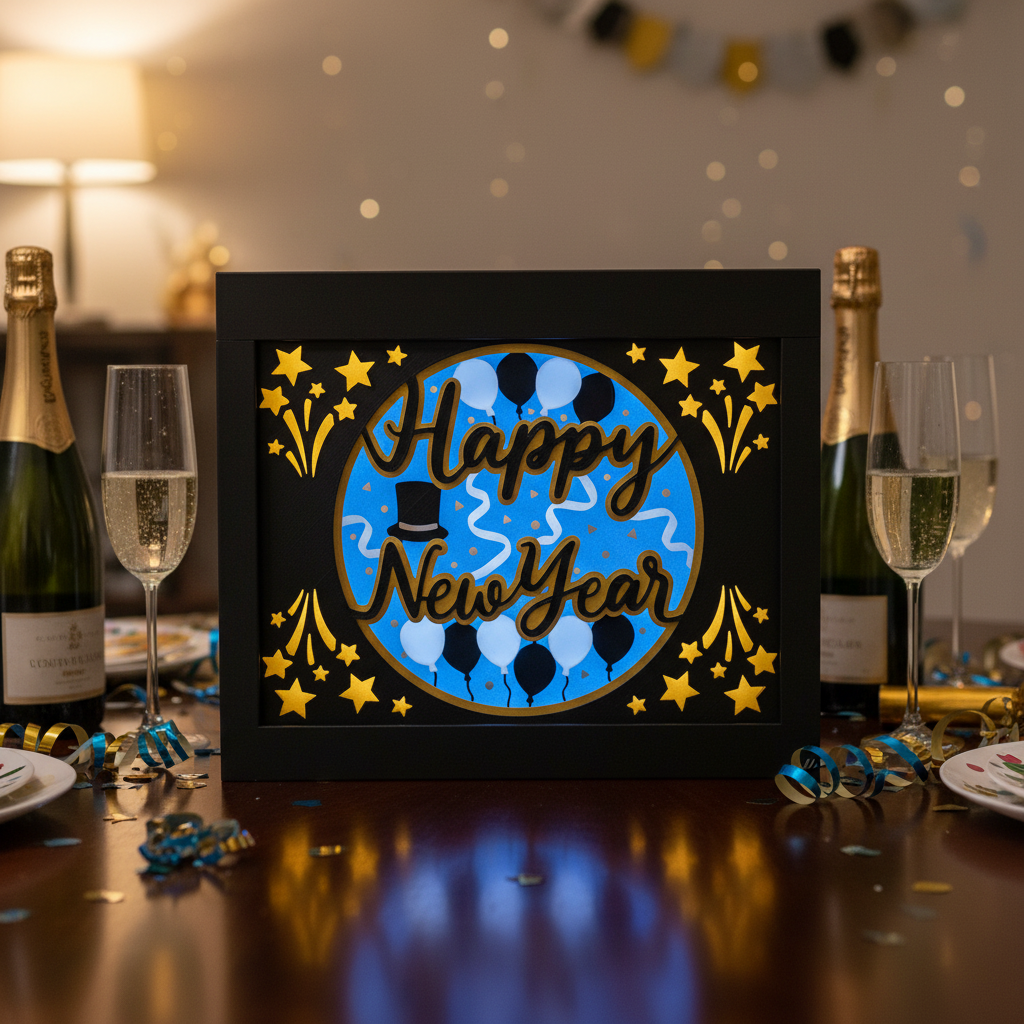 Happy New Year Shadow Box displayed as a dining table centrepiece with champagne bottles and party decorations