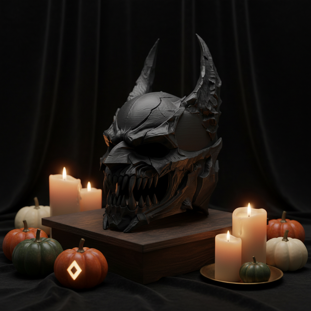 Deep charcoal Demon Skull Helmet Sculpture displayed in a tasteful Halloween setting
