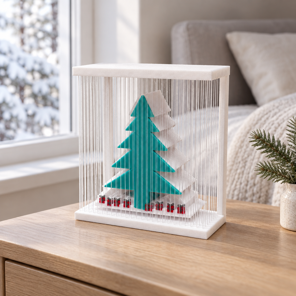 Tree Hanging Option 2 on a bedside table beside a winter window, with the white frame, teal tree and red-and-dark base visible.