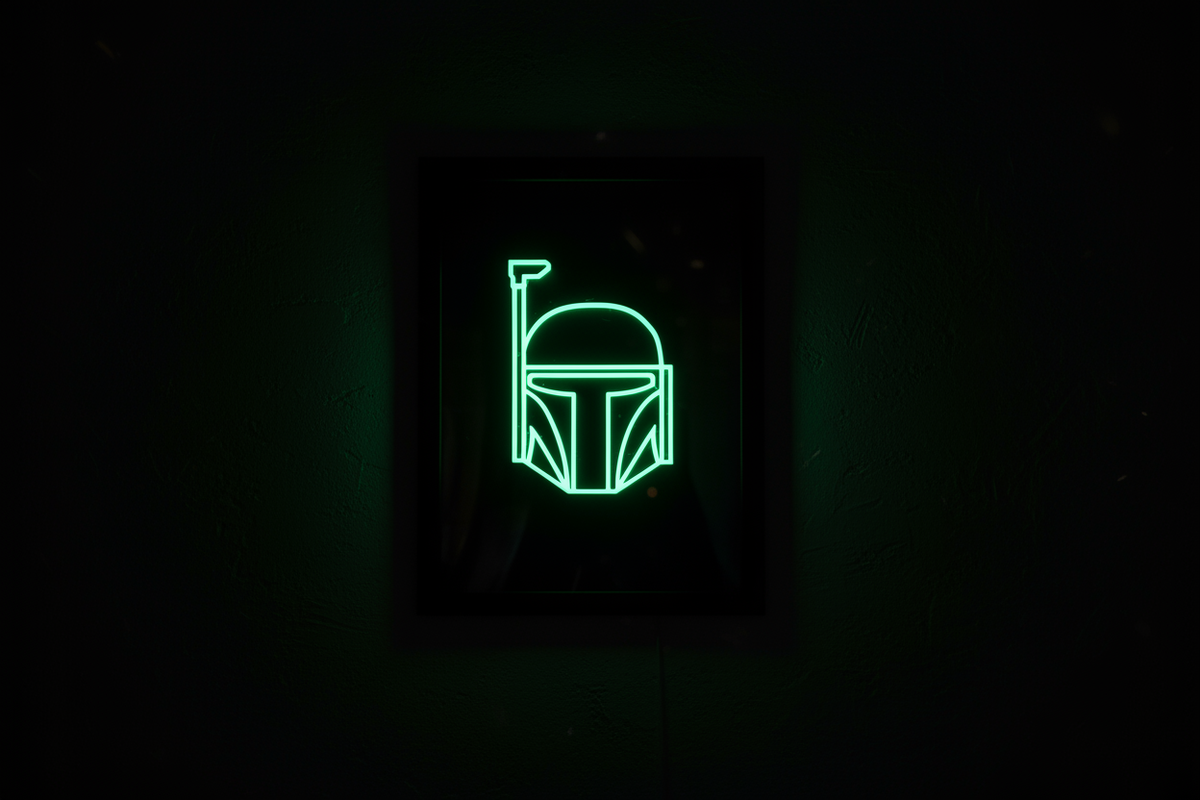 Boba Fett Neon Line Art shadow box glowing in the dark with vivid green T-visor helmet glow