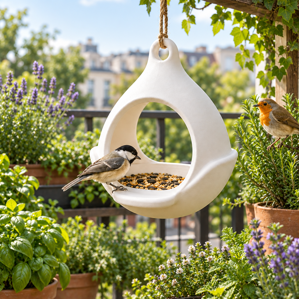Drop feeder on balcony with herbs