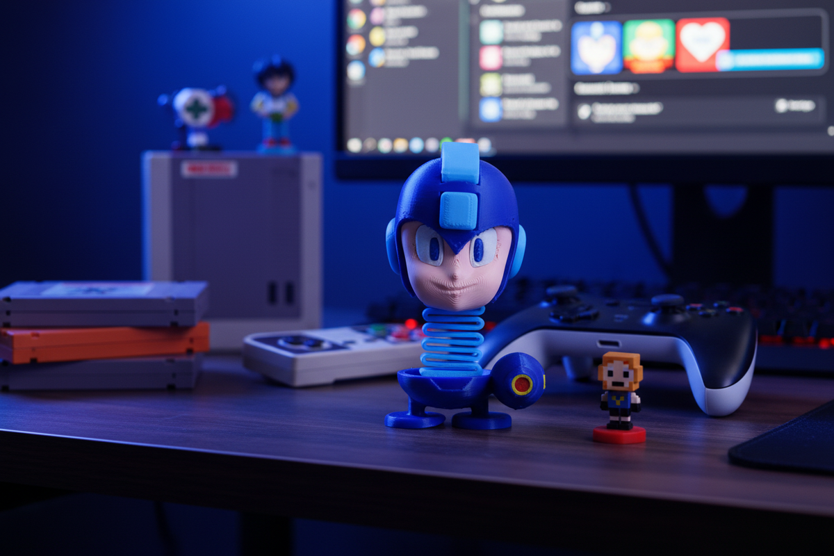 Mega Man Springie 3D printed figure on a dark gaming desk with retro collectibles and blue LED ambient lighting
