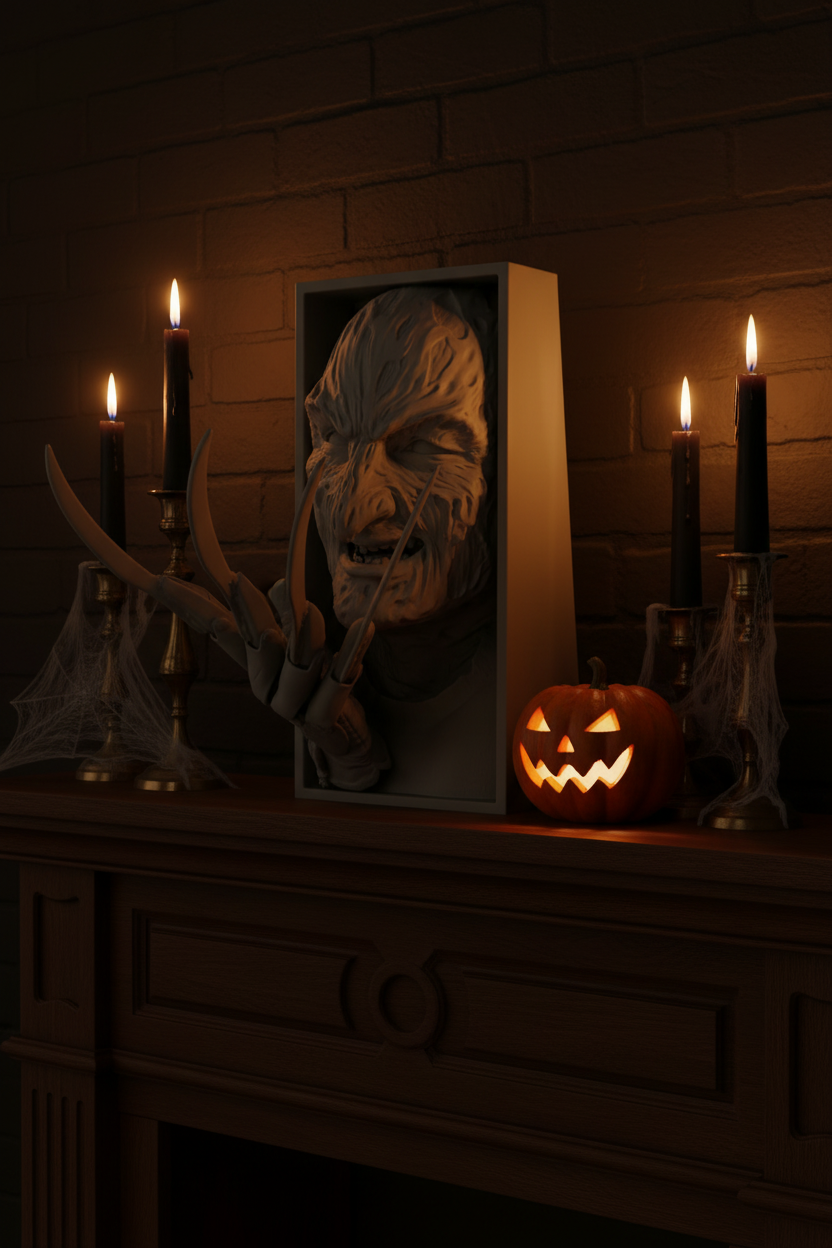 Freddy Krueger book nook relief sculpture grey framed box dark oak mantelpiece black pillar candles brass holders cobwebs carved glowing pumpkin dramatic Halloween candlelight interior portrait