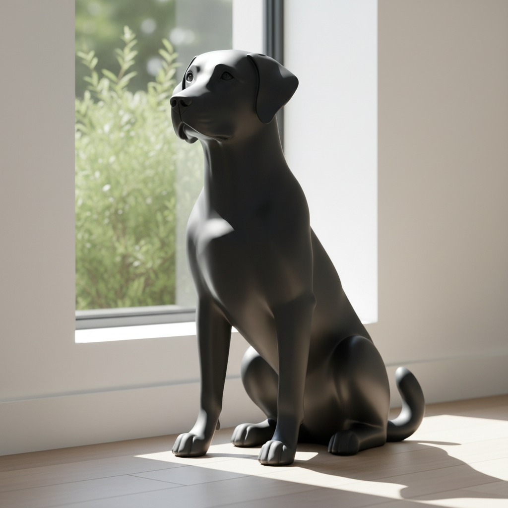 Matte black Labrador statue in a bright window alcove with natural side light