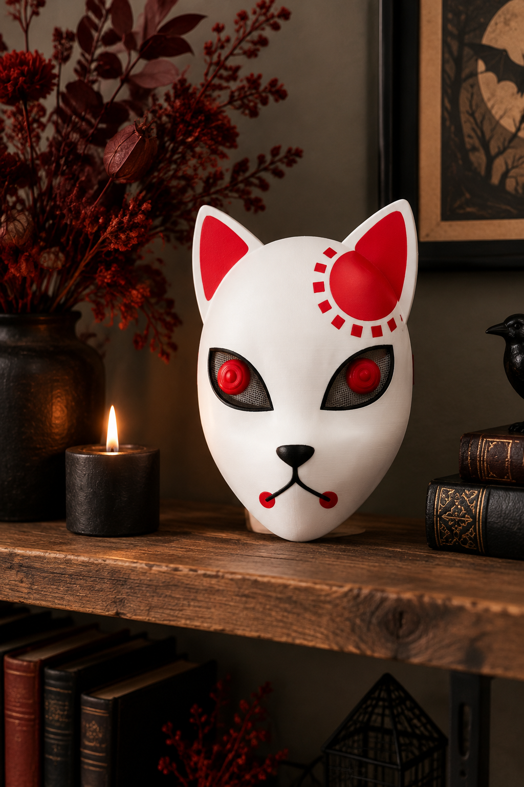 White Halloween devil cat mask displayed on a wooden shelf in a stylish home office
