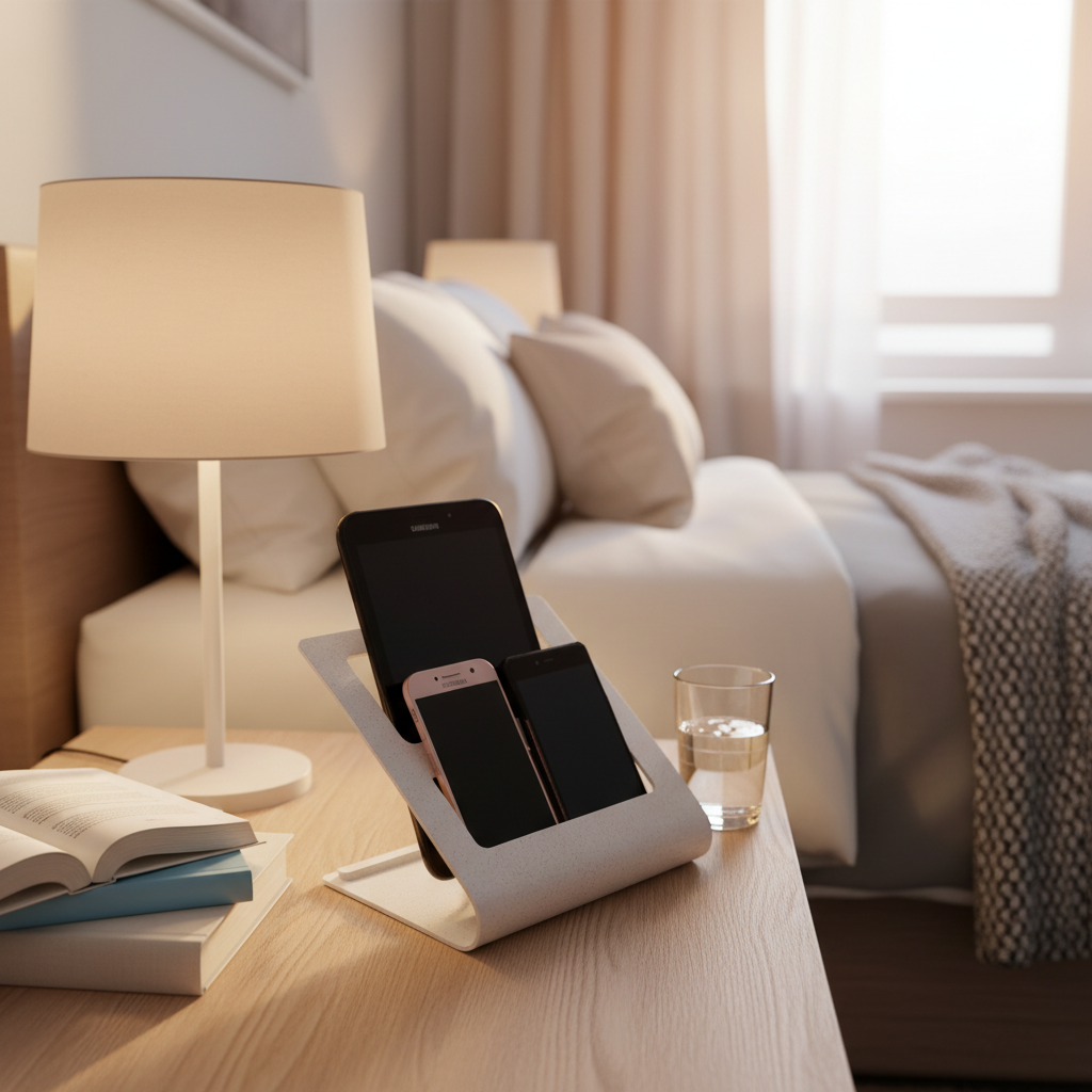 Remote Control Organiser holding smartphones on a bedside table beside a lamp and book in a cosy bedroom