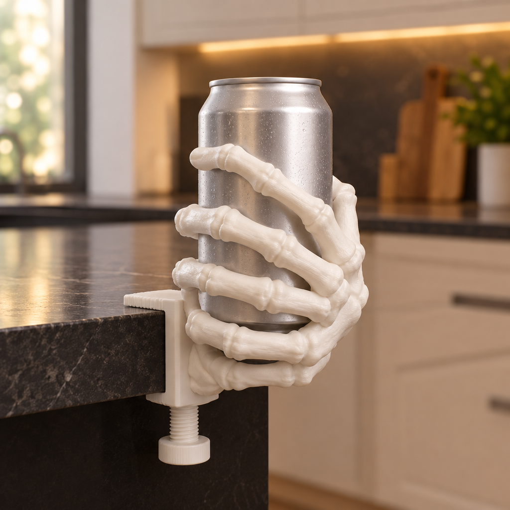 White skeleton hand holder clamped to a kitchen island with a silver can