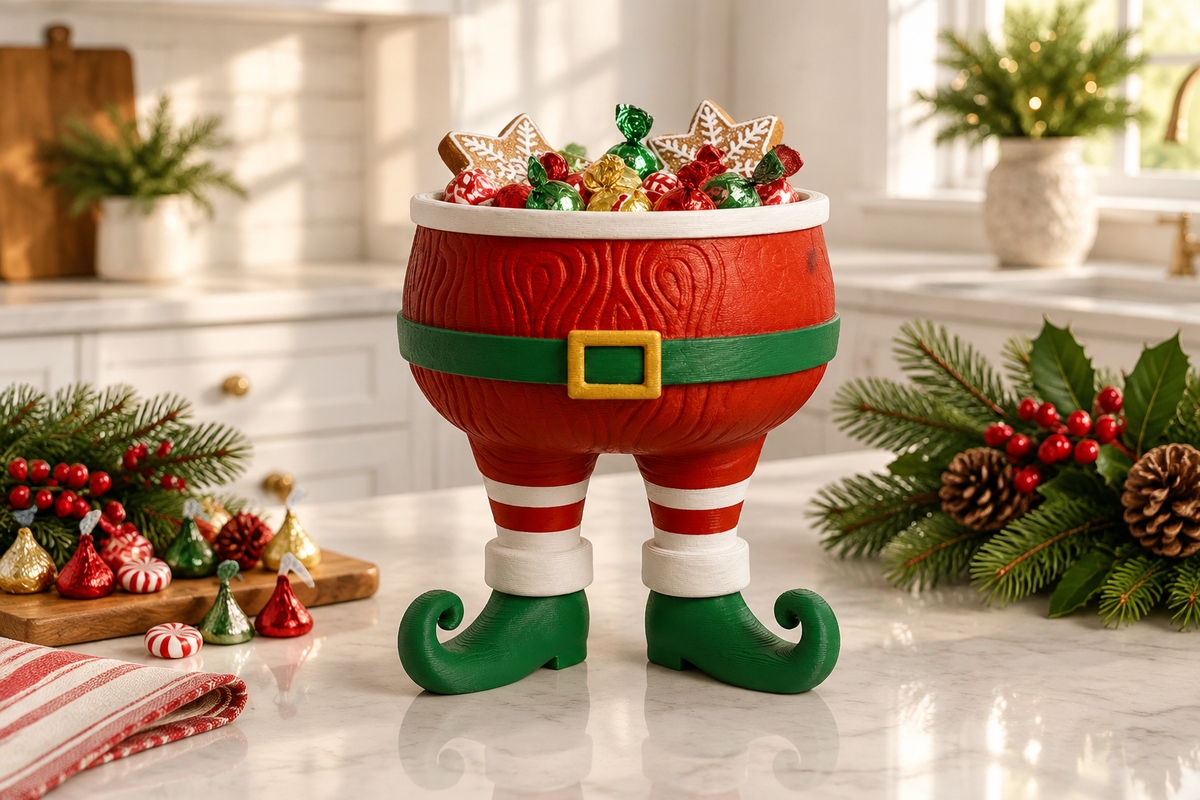 Santa sweet bowl on a bright kitchen island with wrapped chocolates and greenery