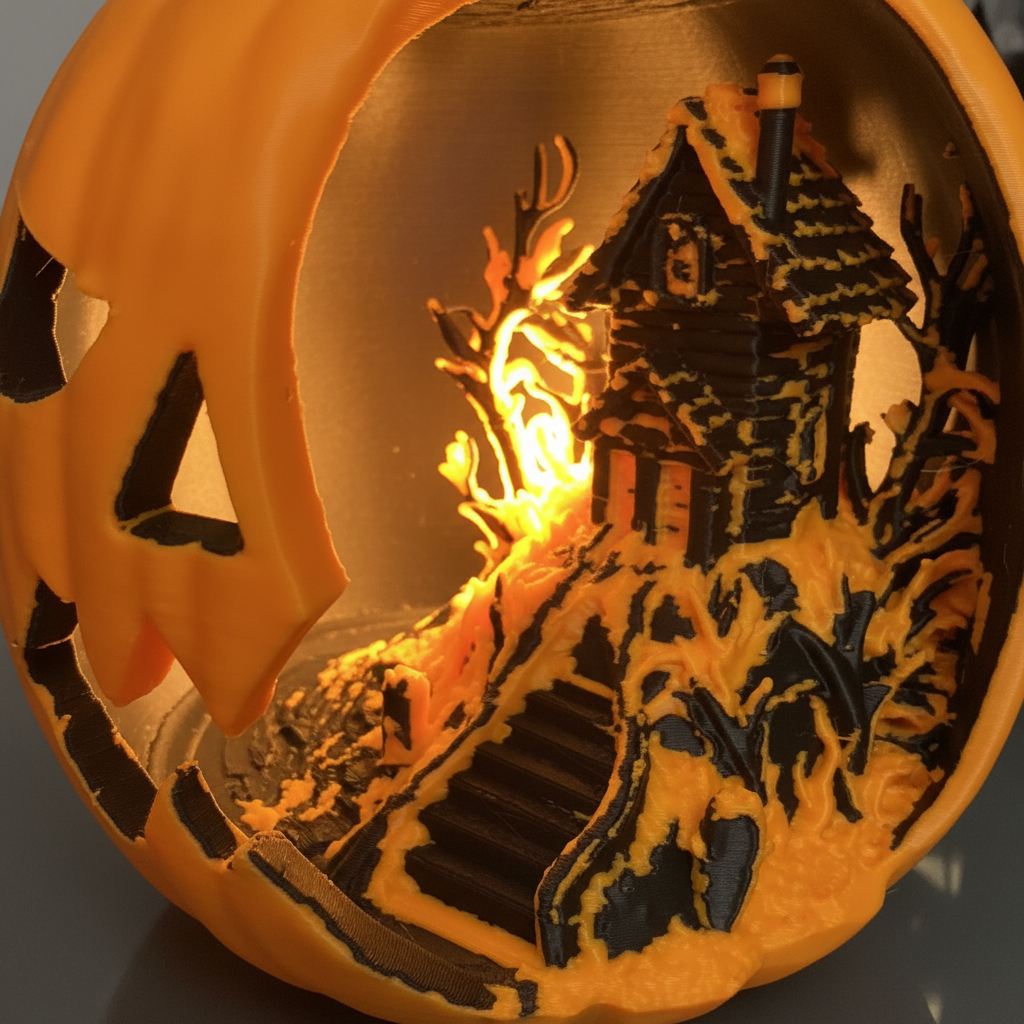 Close-up macro of haunted house interior diorama glowing with LED light