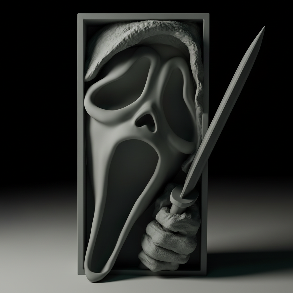 Scream book nook relief sculpture grey framed box extreme close up macro screaming hollow mouth deep eye sockets flowing hood clawed hand knife blade pure black studio split raking light sharp precise sculptural shadow square editorial
