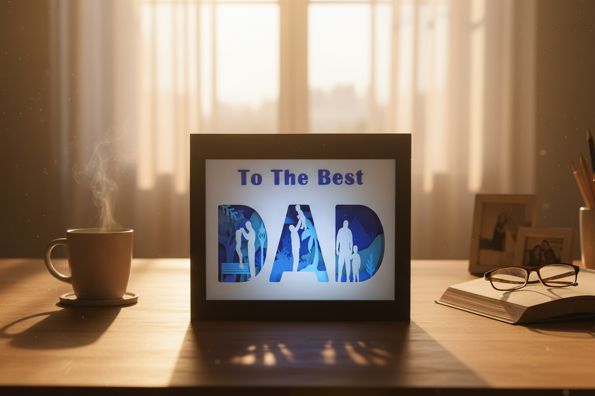 Father's Day DAD shadow box on home office desk with coffee mug and warm lighting