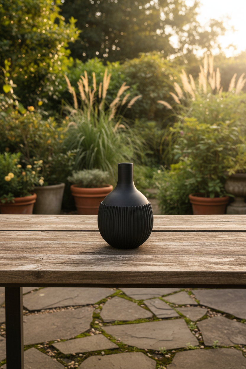 Ribbed Design Vase on an outdoor garden table at golden hour