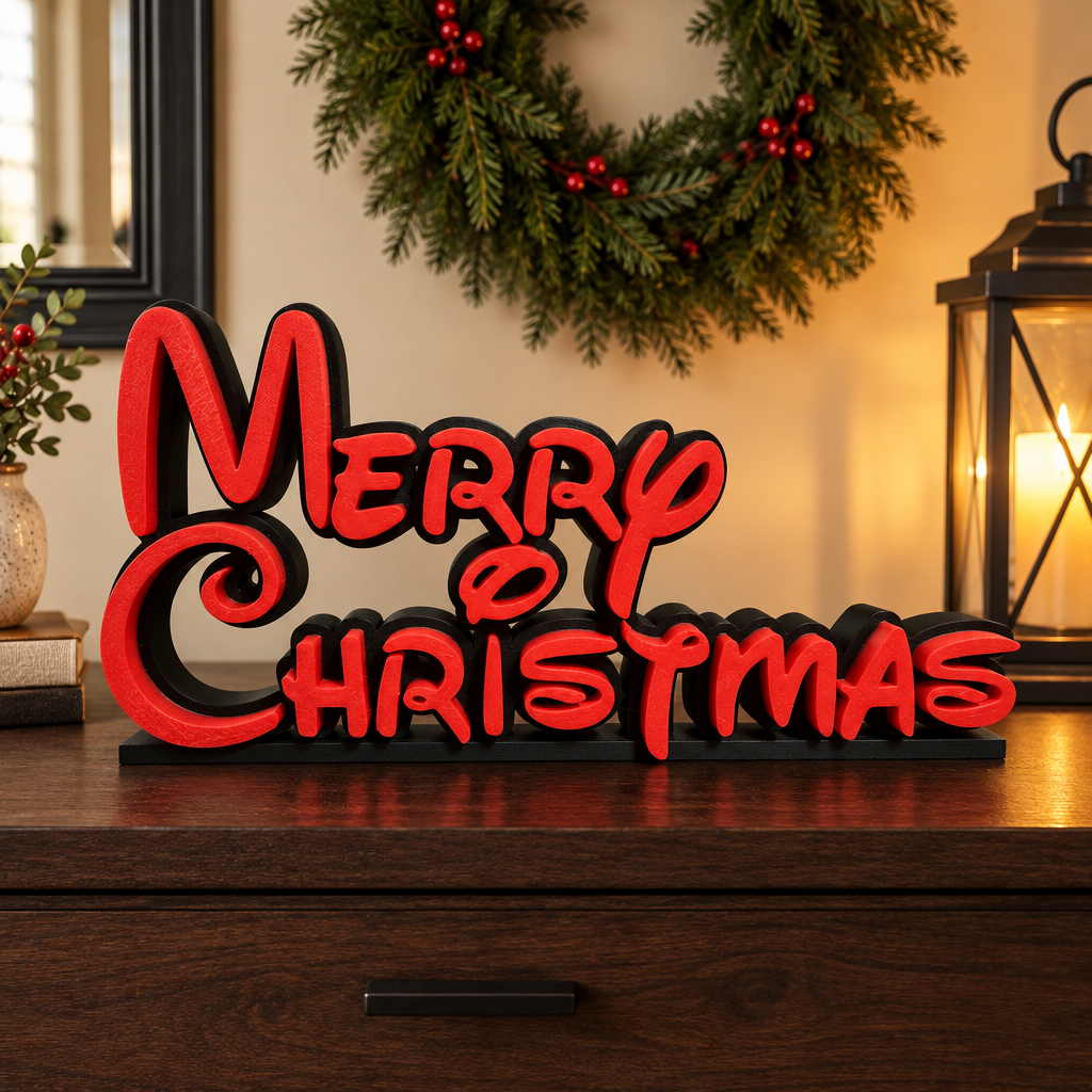 Red lettering on a black Merry Christmas sign styled on a dark entryway console