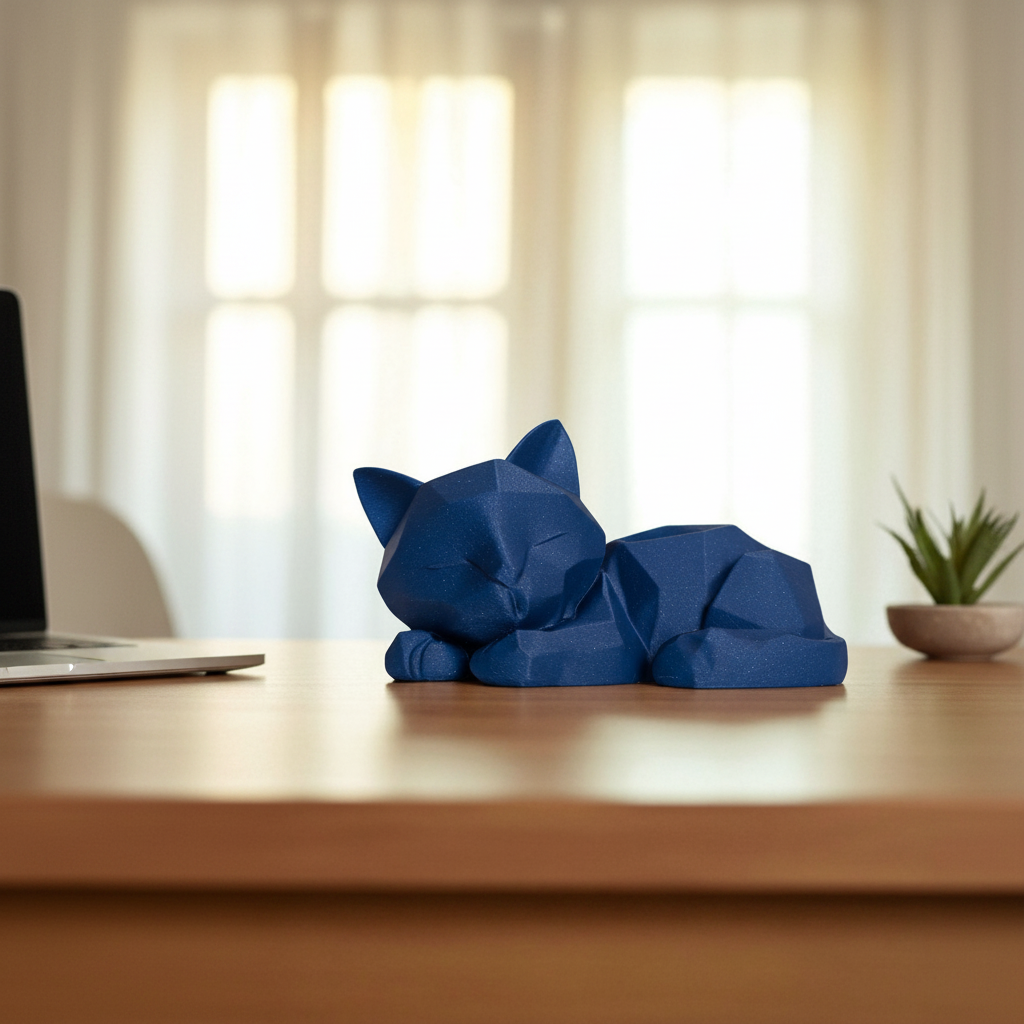 Deep blue Low-Poly Sleeping Kitten Sculpture on a Japandi home office desk with a laptop and plant
