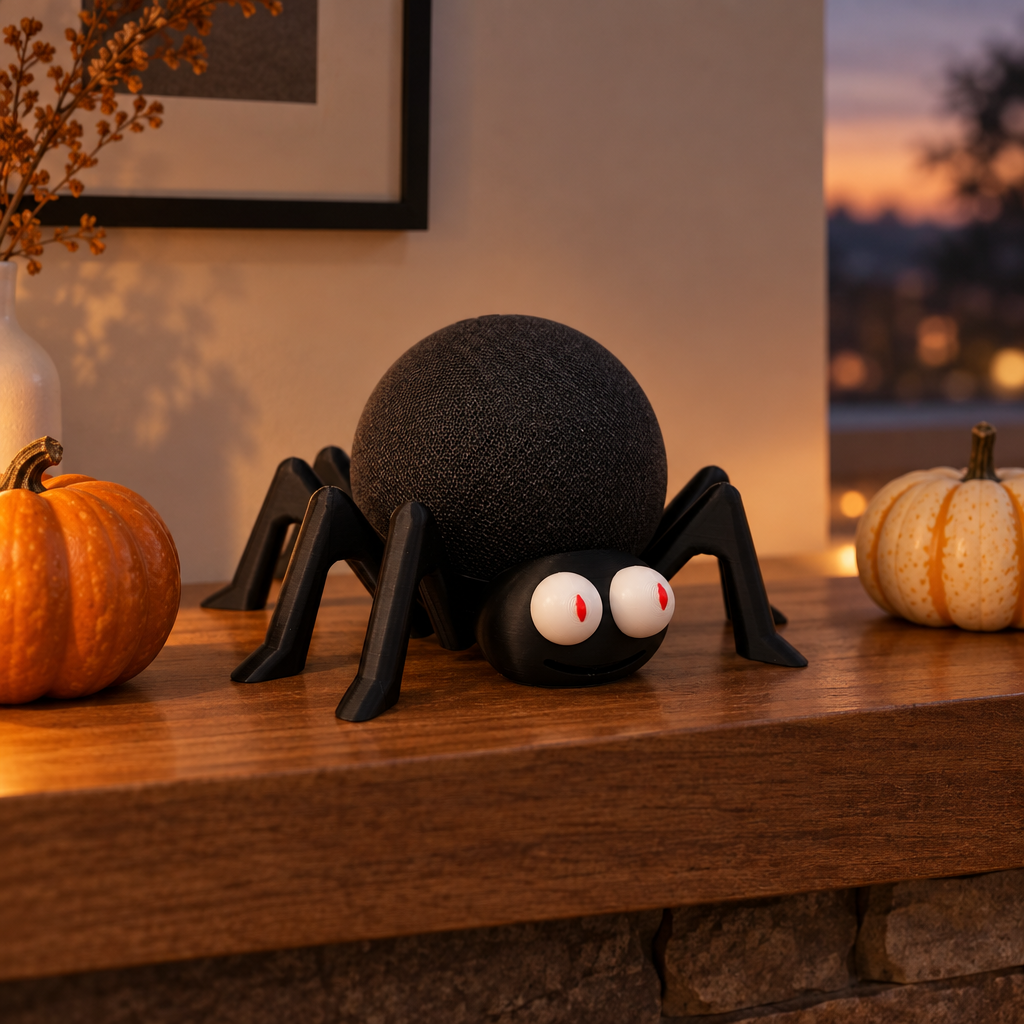 Spider Echo Dot skin on a wooden mantelpiece between pumpkins at dusk