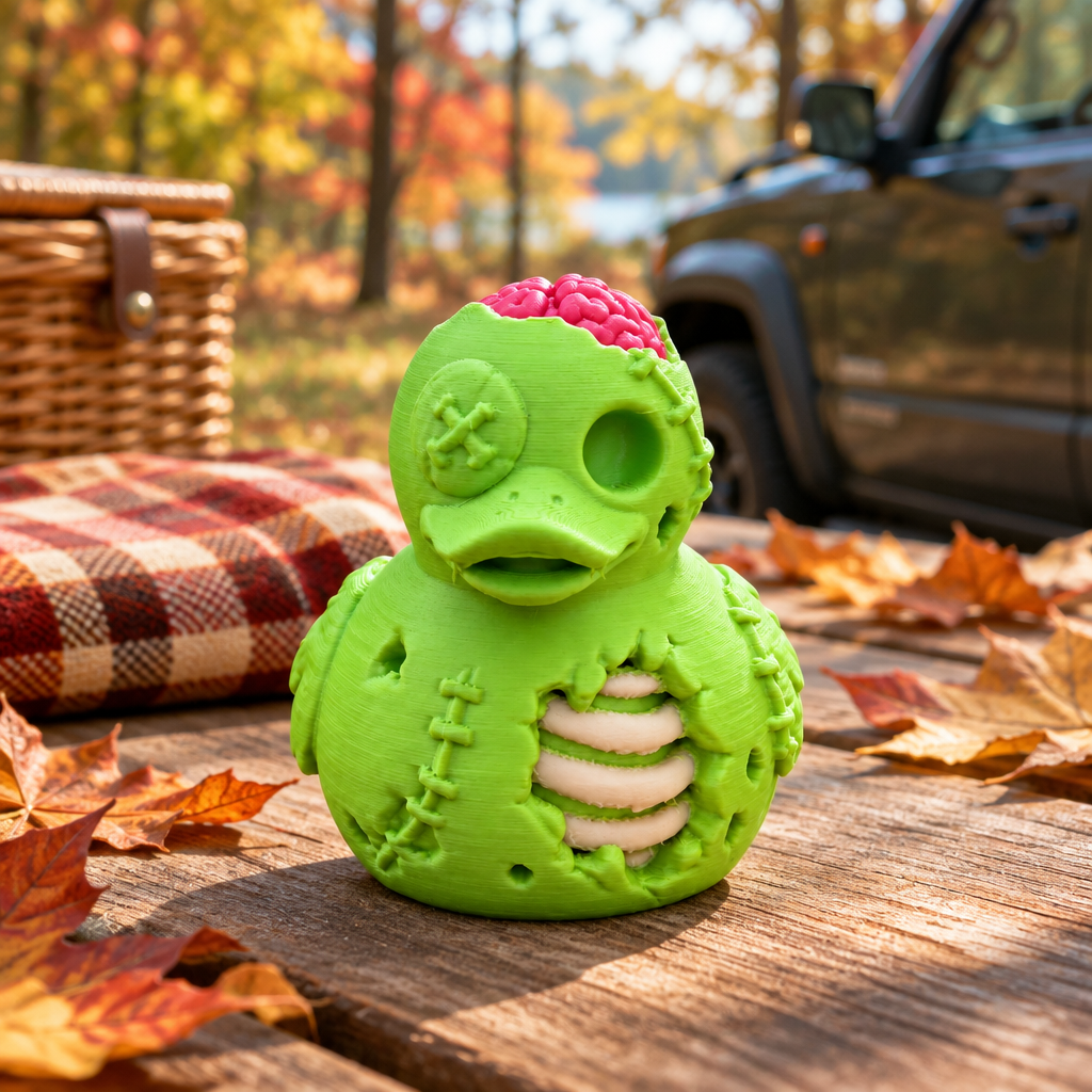 Green Zombie Jeep Duck at autumn picnic table