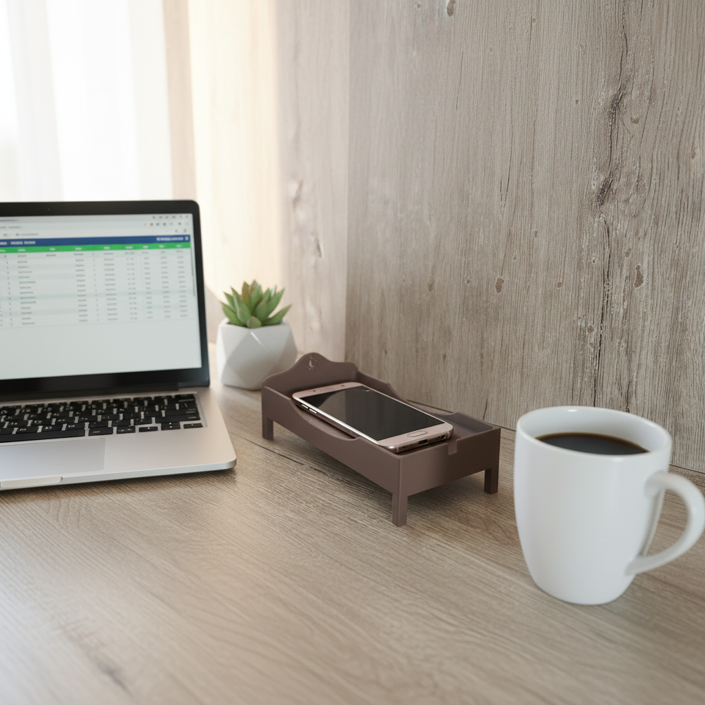 Smartphone Bed on a home office desk beside a laptop and coffee mug