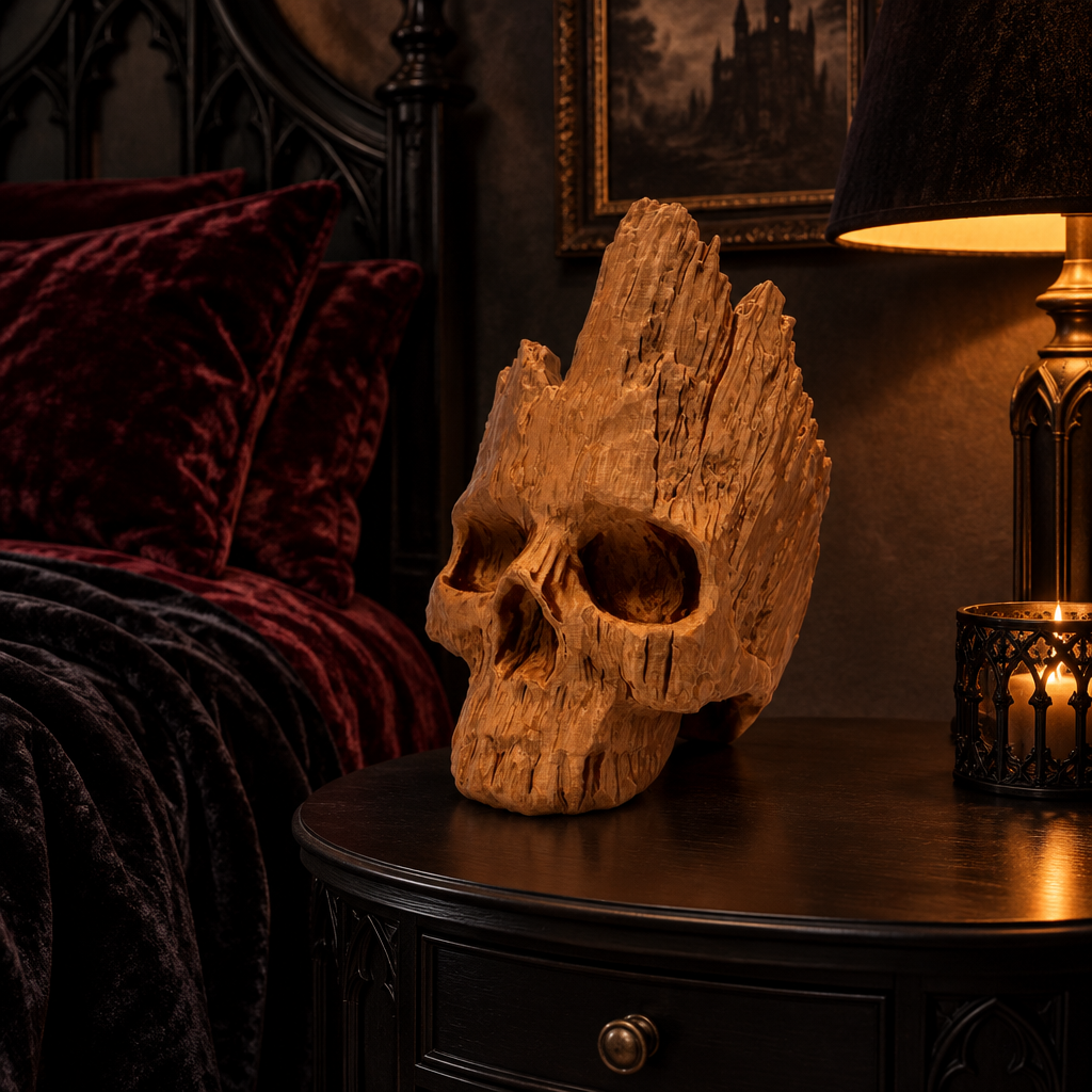 Brown skull sculpture on a black side table in a gothic bedroom